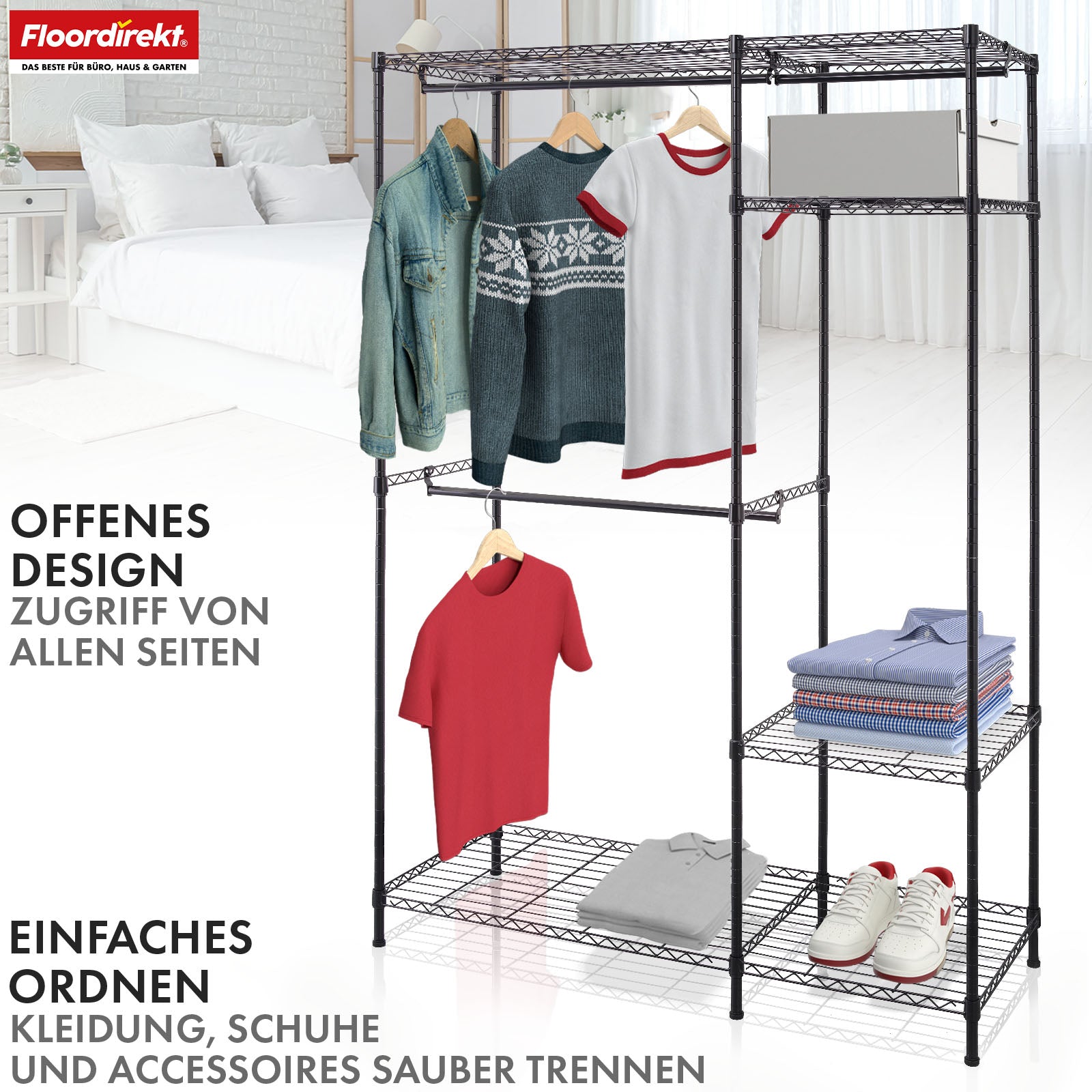 Kleiderschrank | Edward | Offener Kleiderständer aus pulverbeschichtetem Stahl mit Kleiderstangen & verstellbaren Ablagen