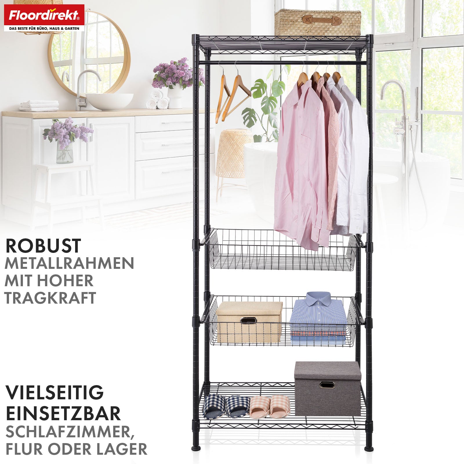 Kleiderschrank | Harold | Offener Kleiderständer mit Kleiderstange & Ablagen | Robuster Garderobenschrank für Schlafzimmer, Flur & Lager