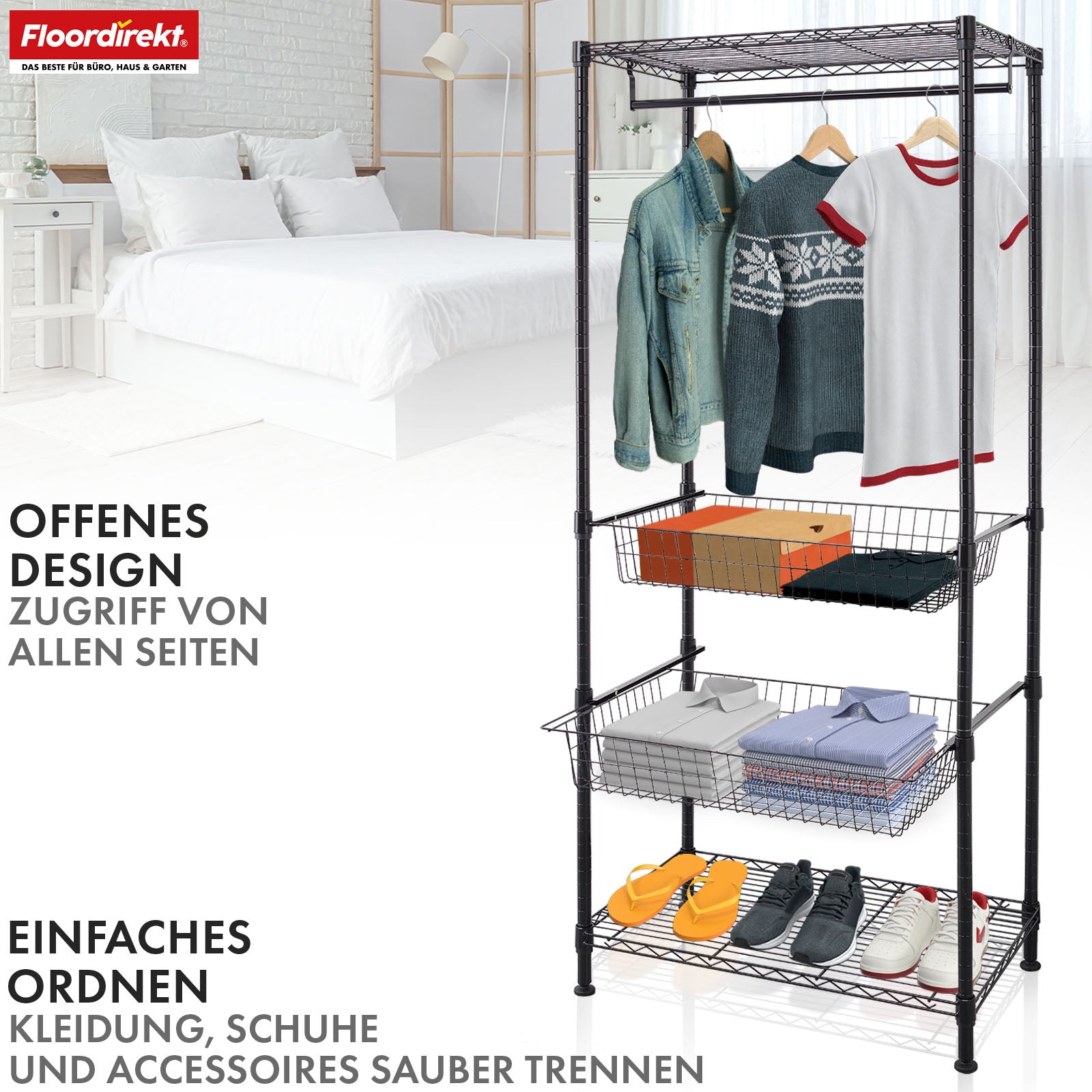 Kleiderschrank | Harold | Offener Kleiderständer mit Kleiderstange & Ablagen | Robuster Garderobenschrank für Schlafzimmer, Flur & Lager