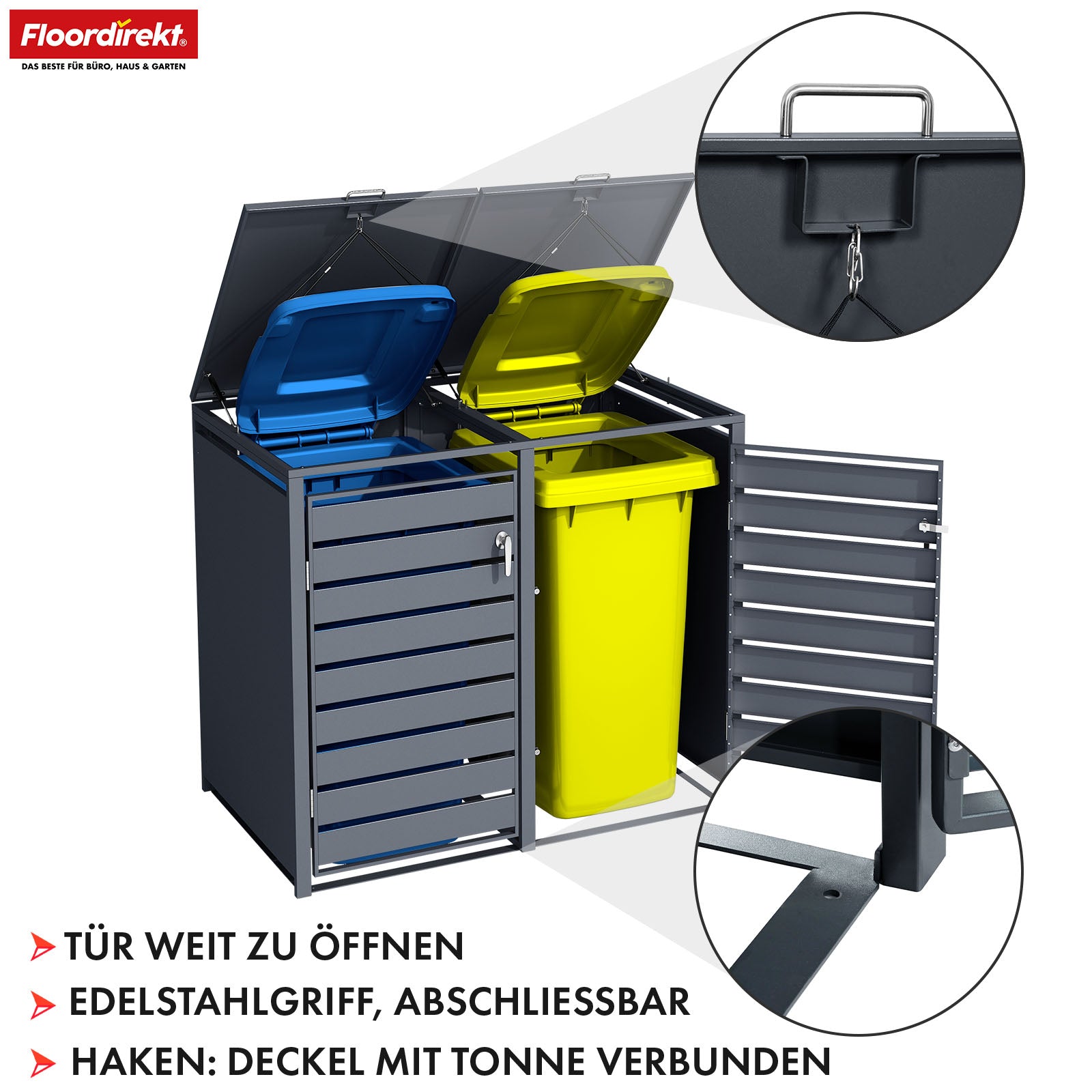 Mülltonnenbox | Magnus | Wetterfeste Anthrazitfarbene Mülltonnenverkleidung mit Edelstahlrahmen | 1–3 Türen | Für 60–240 L Mülltonnen geeignet