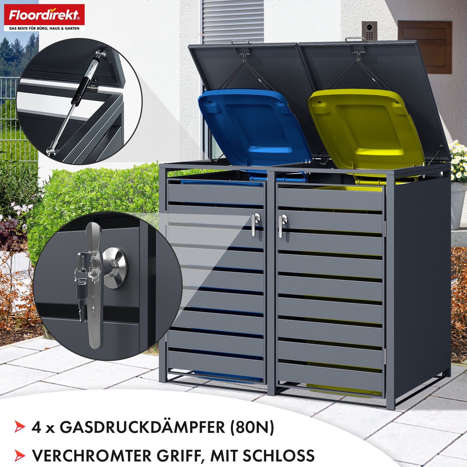 Mülltonnenbox | Magnus | Wetterfeste Anthrazitfarbene Mülltonnenverkleidung mit Edelstahlrahmen | 1–3 Türen | Für 60–240 L Mülltonnen geeignet