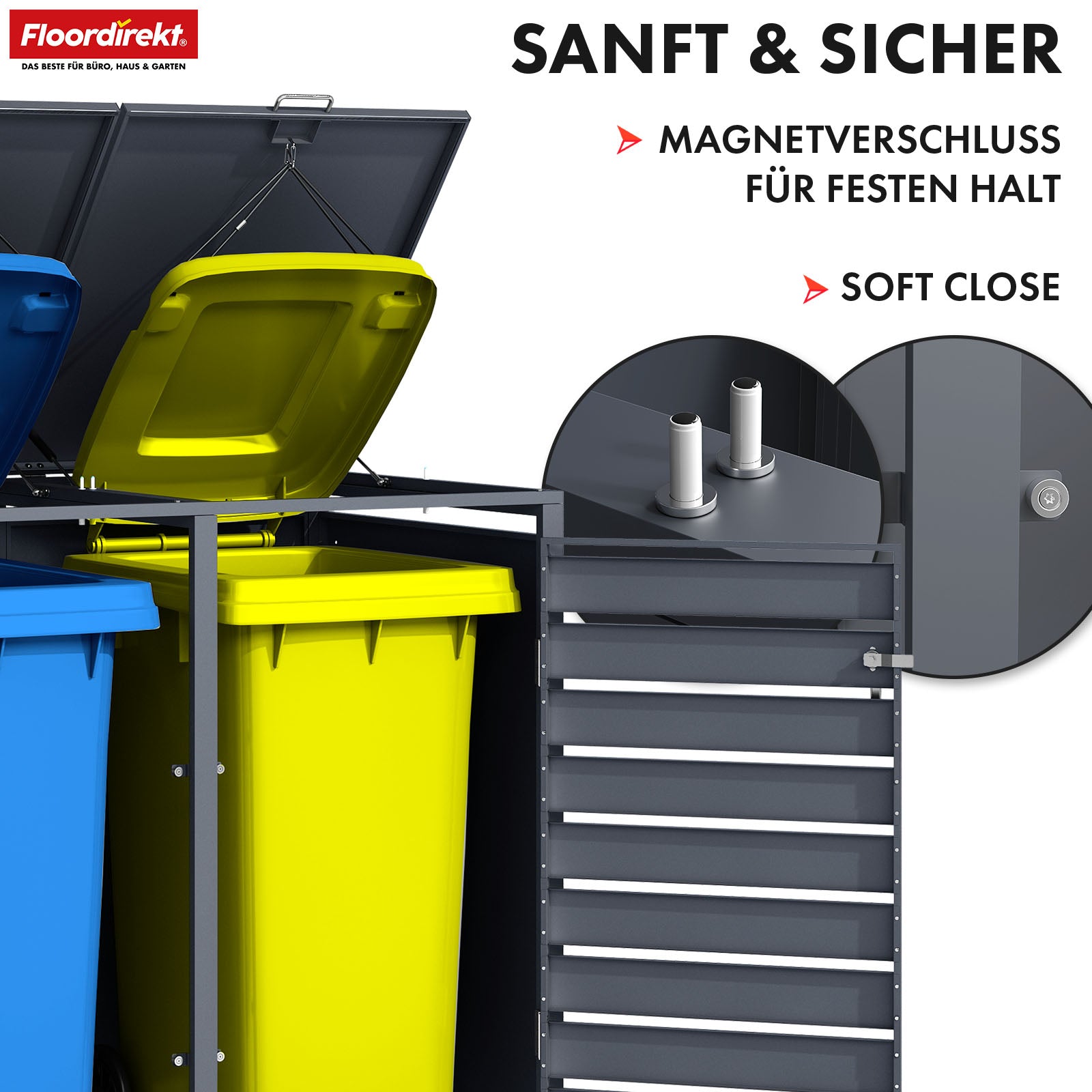 Mülltonnenbox | Magnus | Wetterfeste Anthrazitfarbene Mülltonnenverkleidung mit Edelstahlrahmen | 1–3 Türen | Für 60–240 L Mülltonnen geeignet