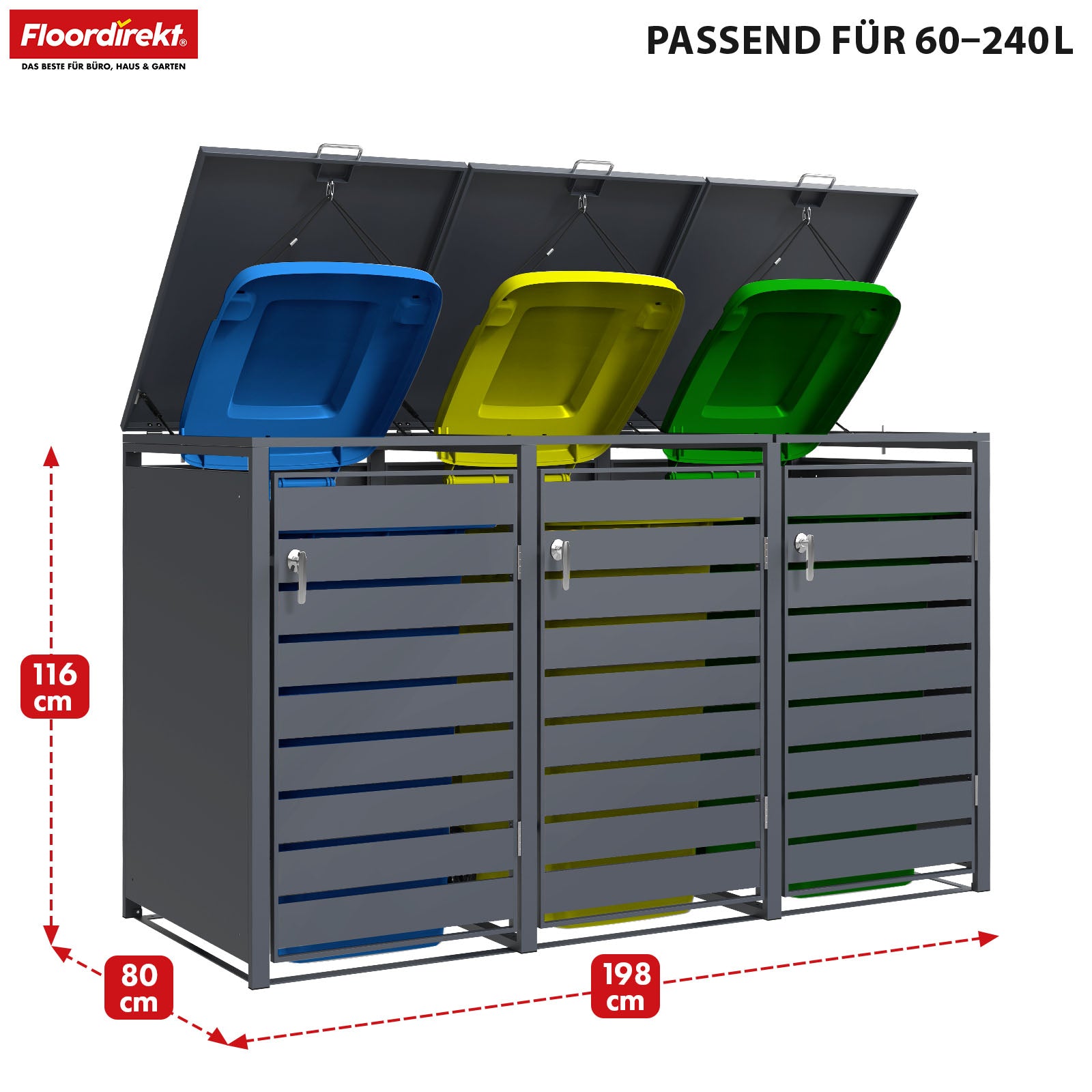 Mülltonnenbox | Magnus | Wetterfeste Anthrazitfarbene Mülltonnenverkleidung mit Edelstahlrahmen | 1–3 Türen | Für 60–240 L Mülltonnen geeignet