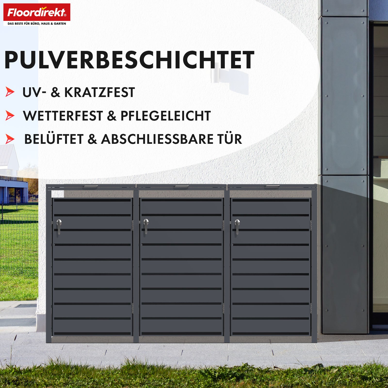 Mülltonnenbox | Magnus | Wetterfeste Anthrazitfarbene Mülltonnenverkleidung mit Edelstahlrahmen | 1–3 Türen | Für 60–240 L Mülltonnen geeignet