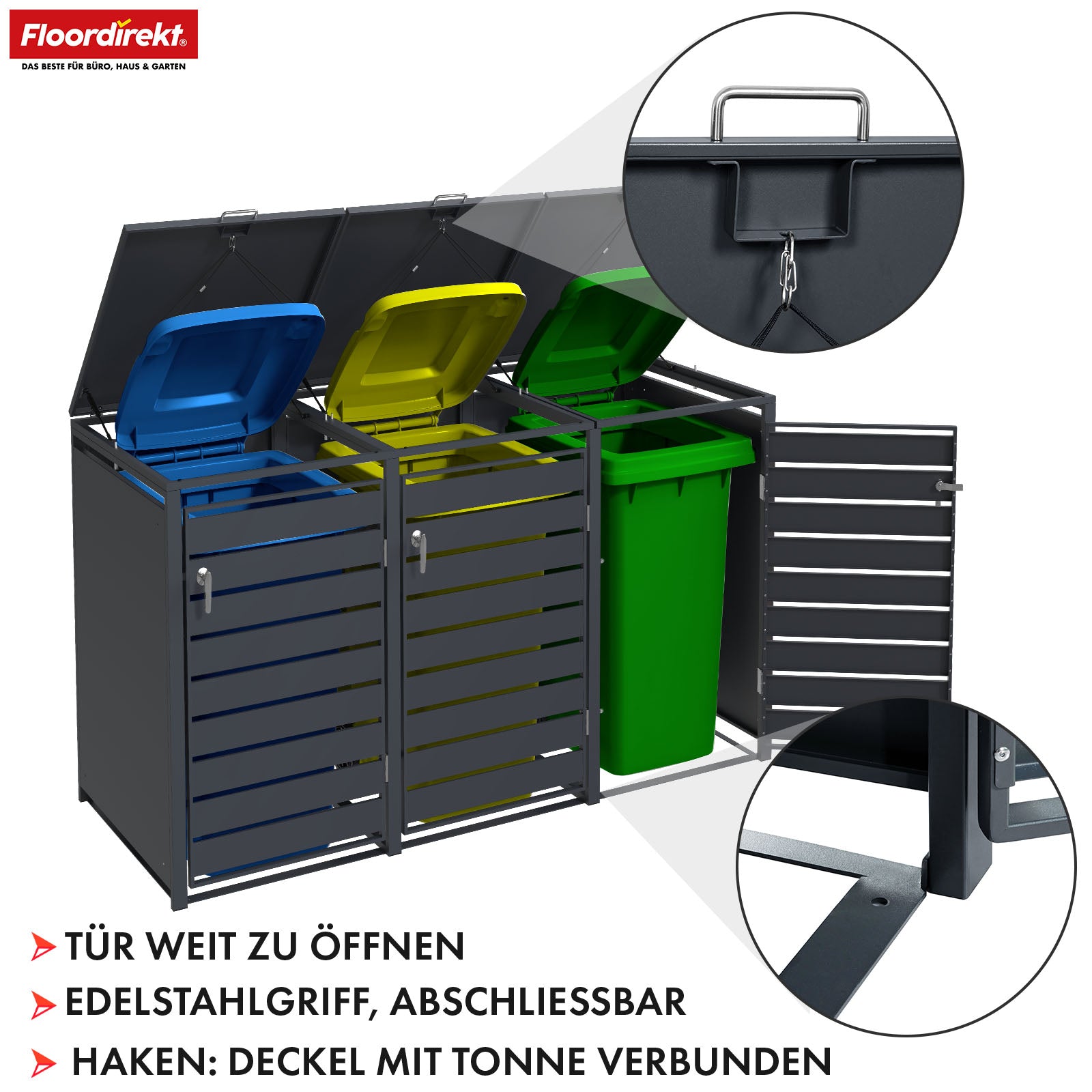 Mülltonnenbox | Magnus | Wetterfeste Anthrazitfarbene Mülltonnenverkleidung mit Edelstahlrahmen | 1–3 Türen | Für 60–240 L Mülltonnen geeignet