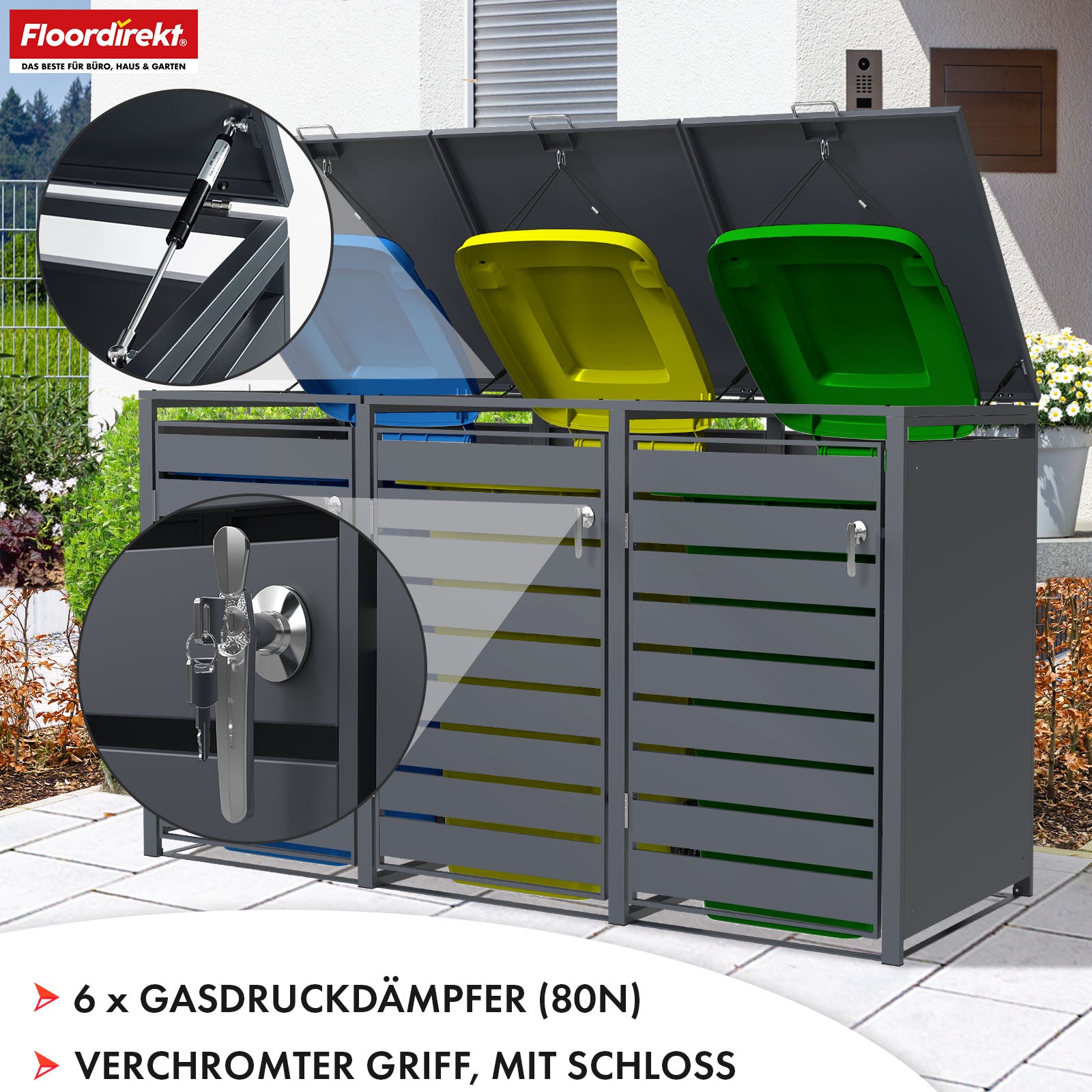 Mülltonnenbox | Magnus | Wetterfeste Anthrazitfarbene Mülltonnenverkleidung mit Edelstahlrahmen | 1–3 Türen | Für 60–240 L Mülltonnen geeignet