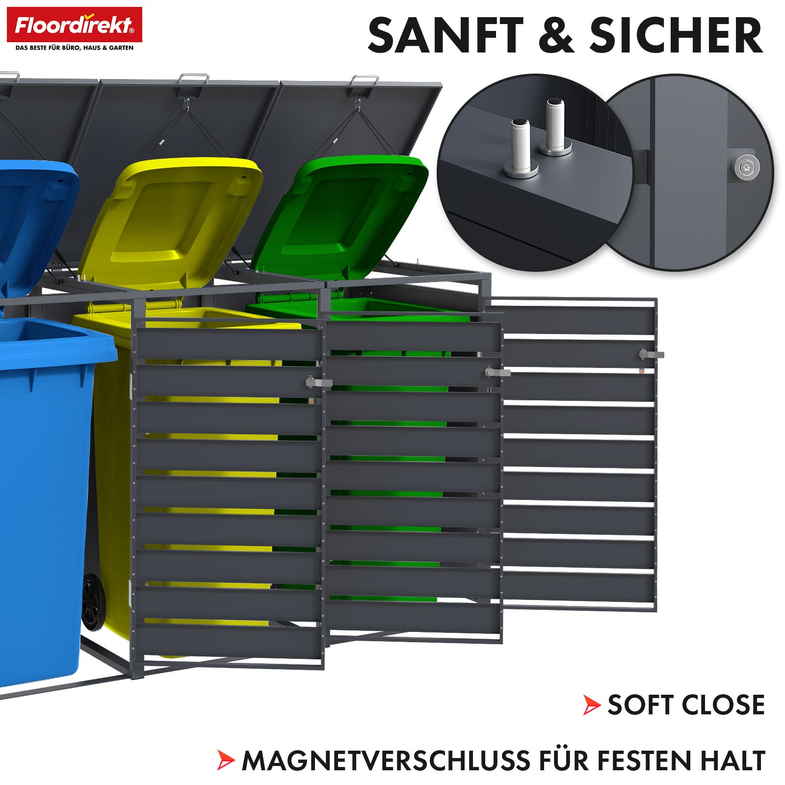 Mülltonnenbox | Magnus | Wetterfeste Anthrazitfarbene Mülltonnenverkleidung mit Edelstahlrahmen | 1–3 Türen | Für 60–240 L Mülltonnen geeignet