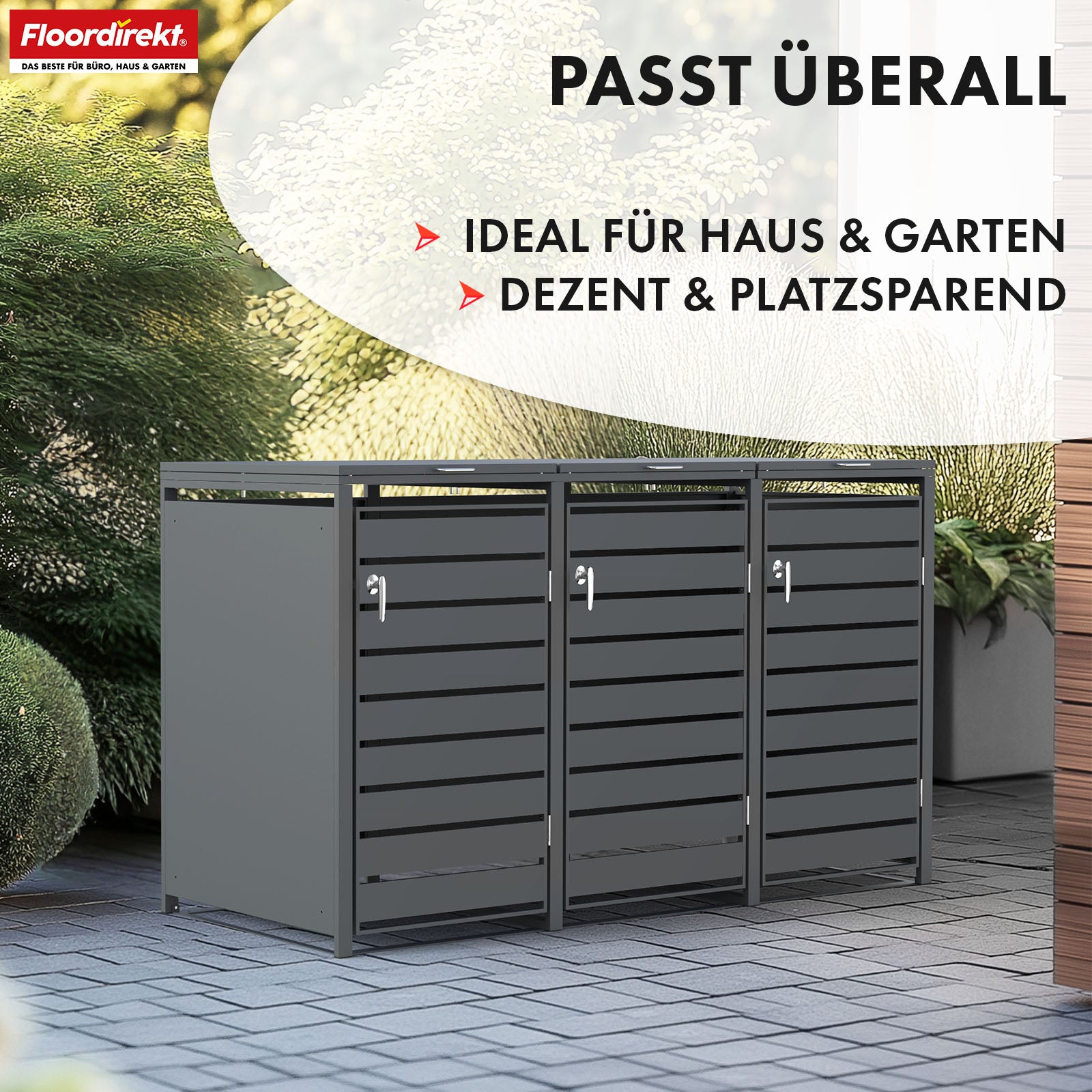 Mülltonnenbox | Magnus | Wetterfeste Anthrazitfarbene Mülltonnenverkleidung mit Edelstahlrahmen | 1–3 Türen | Für 60–240 L Mülltonnen geeignet