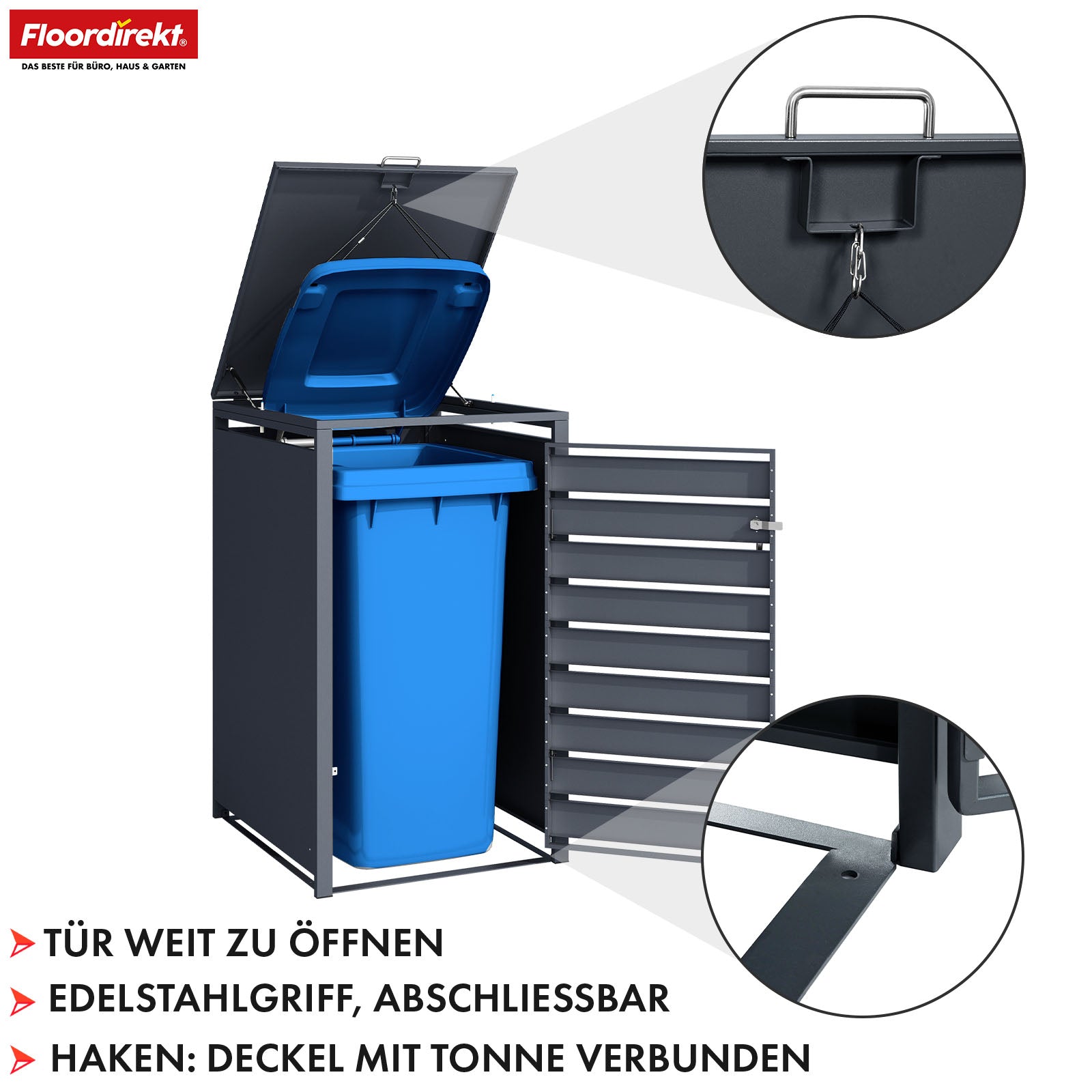 Mülltonnenbox | Magnus | Wetterfeste Anthrazitfarbene Mülltonnenverkleidung mit Edelstahlrahmen | 1–3 Türen | Für 60–240 L Mülltonnen geeignet