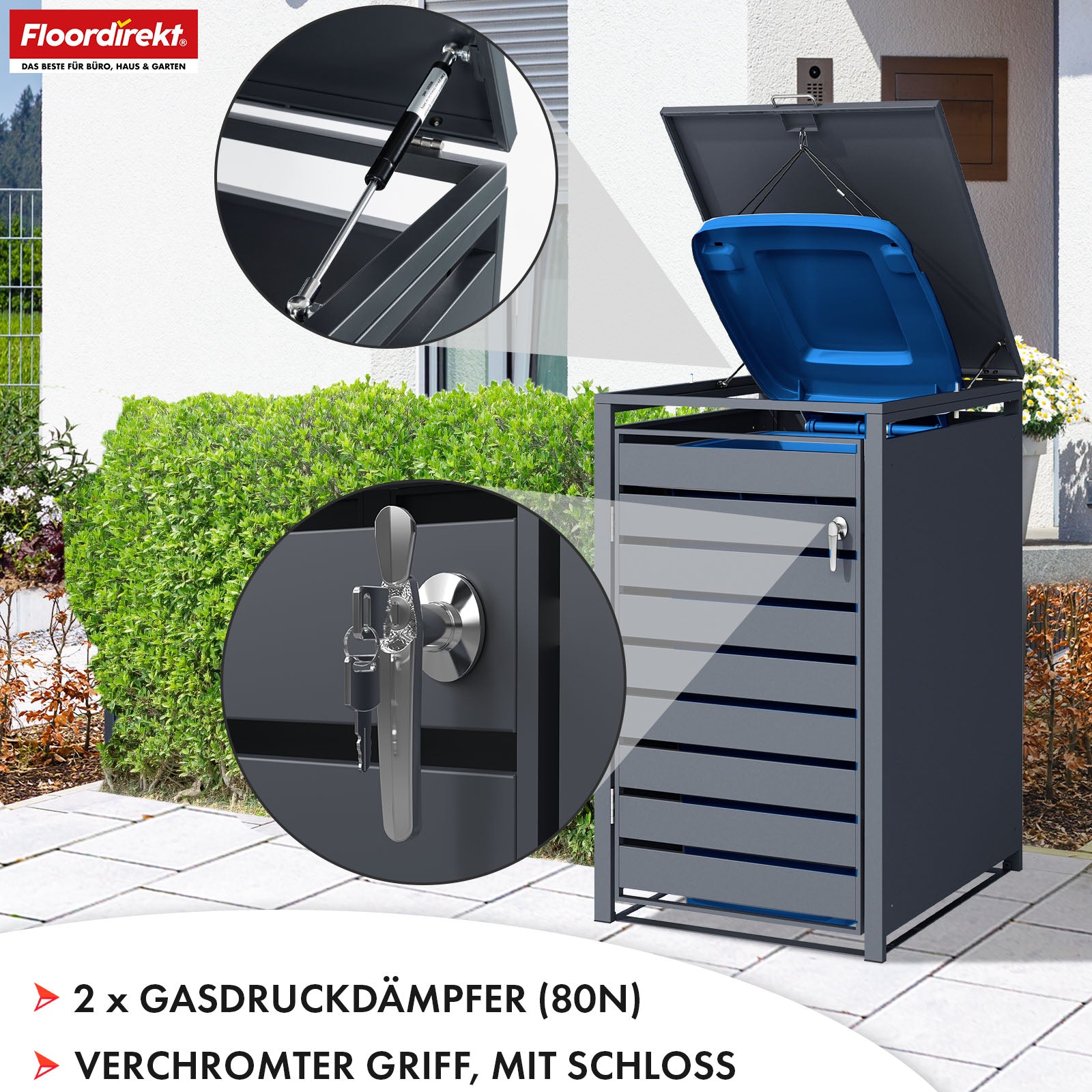 Mülltonnenbox | Magnus | Wetterfeste Anthrazitfarbene Mülltonnenverkleidung mit Edelstahlrahmen | 1–3 Türen | Für 60–240 L Mülltonnen geeignet