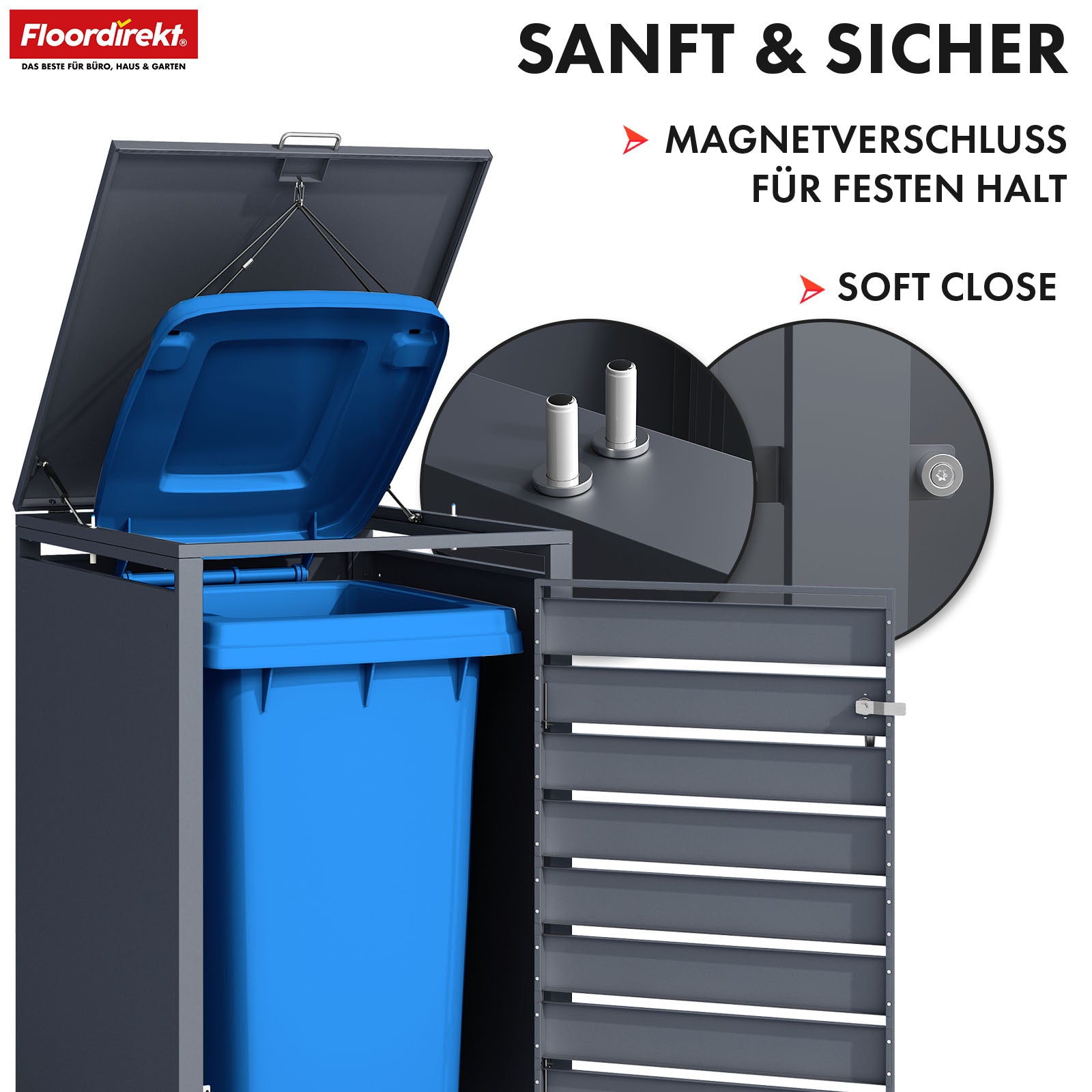Mülltonnenbox | Magnus | Wetterfeste Anthrazitfarbene Mülltonnenverkleidung mit Edelstahlrahmen | 1–3 Türen | Für 60–240 L Mülltonnen geeignet