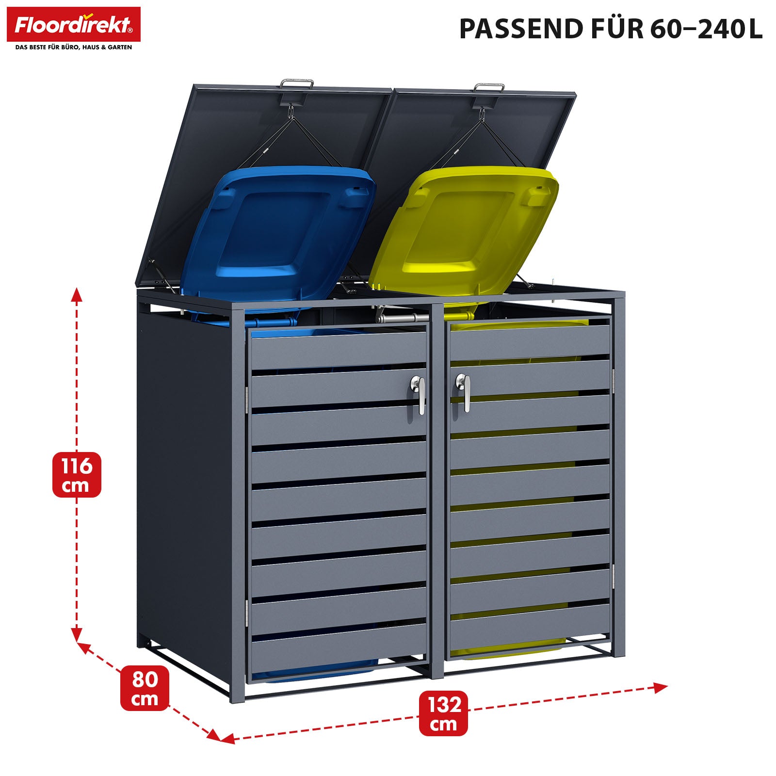 Mülltonnenbox | Magnus | Wetterfeste Anthrazitfarbene Mülltonnenverkleidung mit Edelstahlrahmen | 1–3 Türen | Für 60–240 L Mülltonnen geeignet