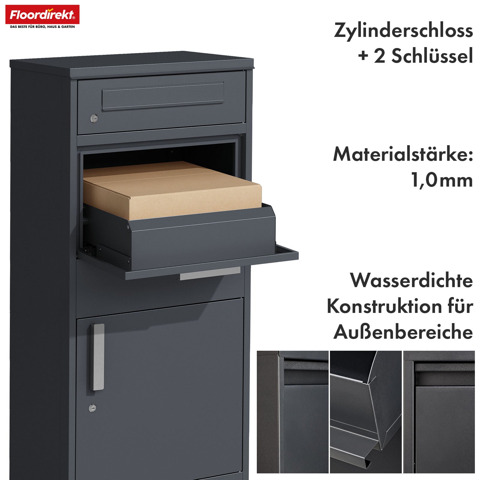 Paketbox mit Briefkasten | Francois | Wasserdichter Paketbriefkasten aus Stahl, abschließbar & freistehend in Anthrazit