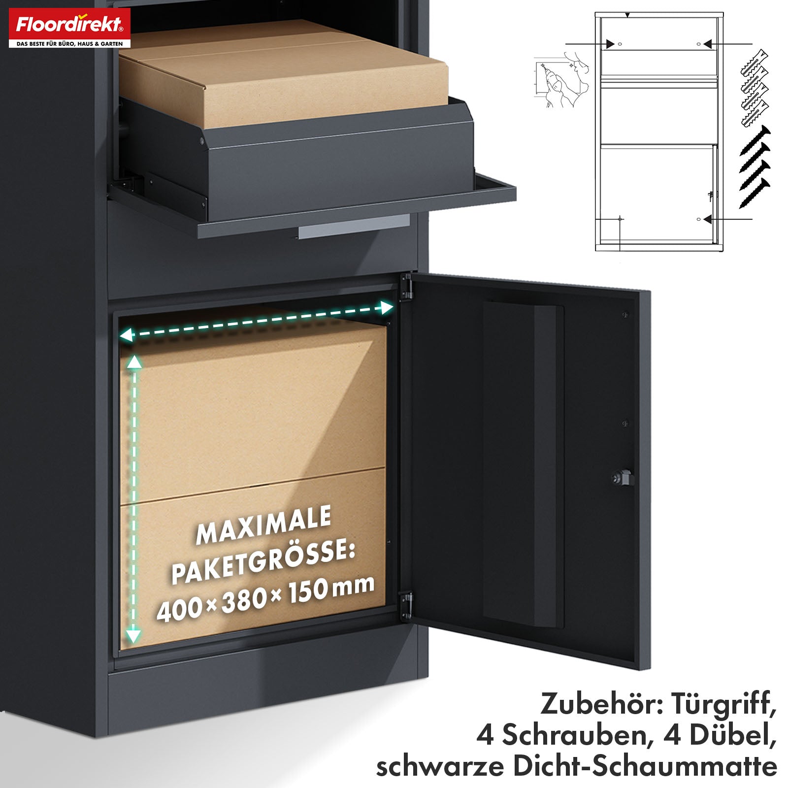 Paketbox mit Briefkasten | Francois | Wasserdichter Paketbriefkasten aus Stahl, abschließbar & freistehend in Anthrazit