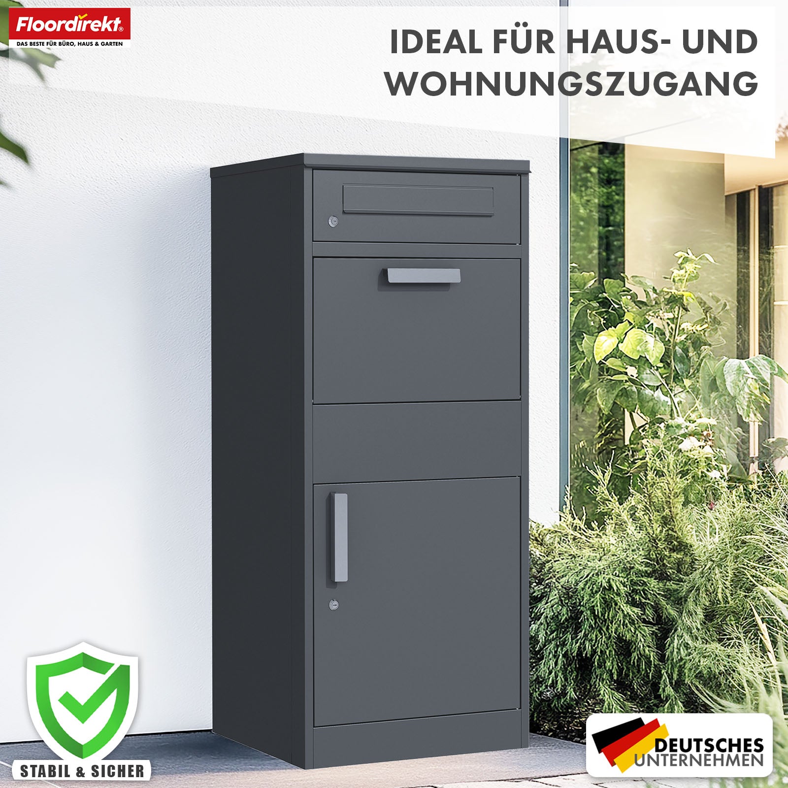 Paketbox mit Briefkasten | Francois | Wasserdichter Paketbriefkasten aus Stahl, abschließbar & freistehend in Anthrazit