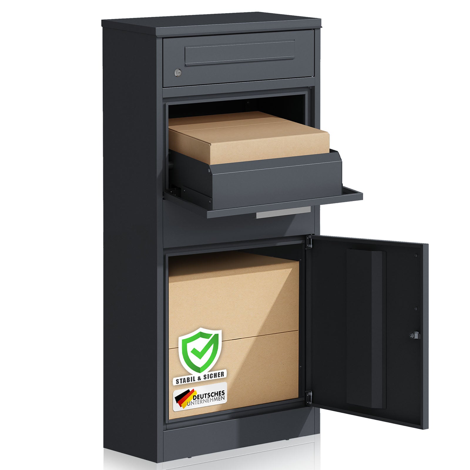 Paketbox mit Briefkasten | Francois | Wasserdichter Paketbriefkasten aus Stahl, abschließbar & freistehend in Anthrazit