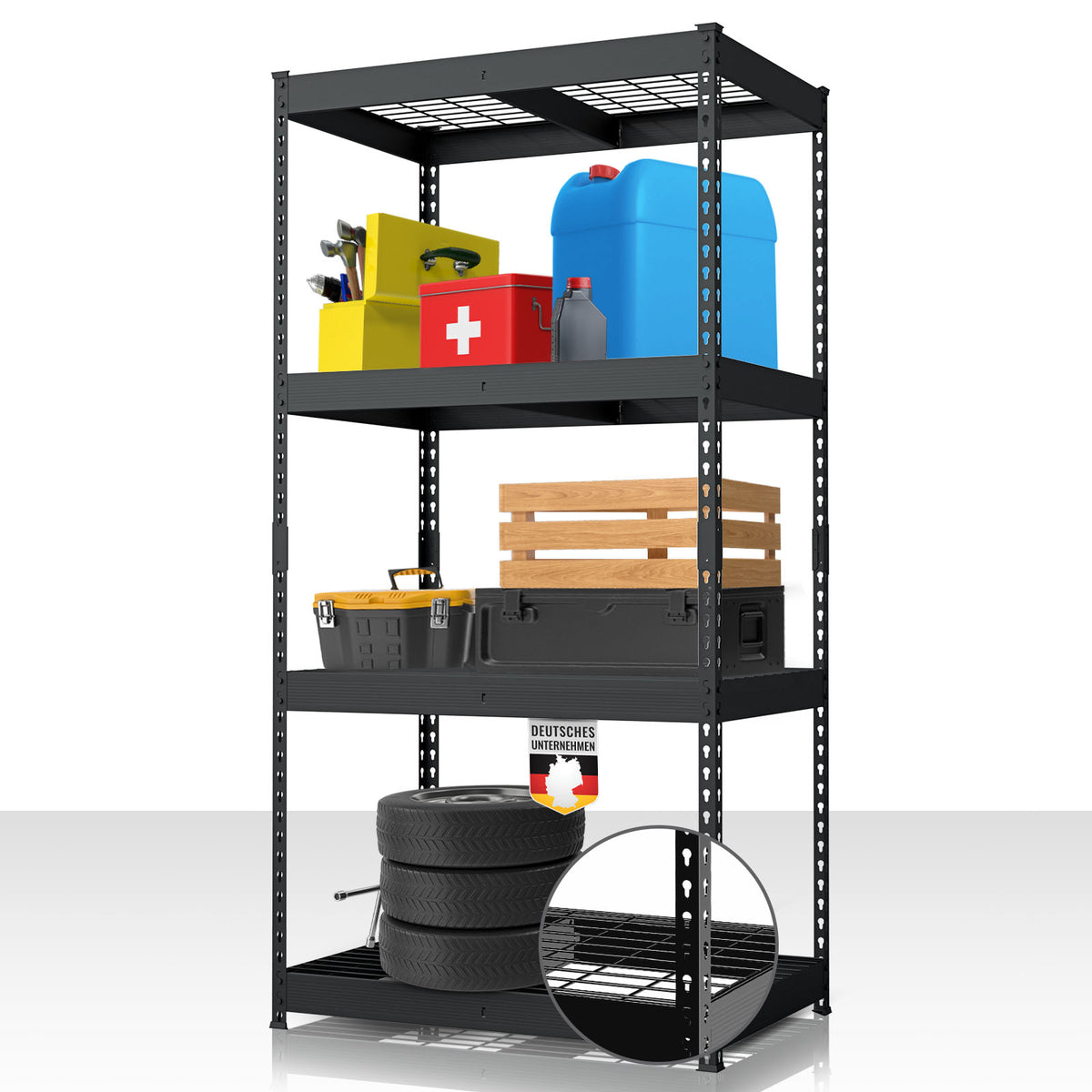 Schwerlastregal | Yukon Rivet | Stahlregal mit Gitterböden | 250–350 kg Tragkraft je Etage | Verschiedene Größen & Farben