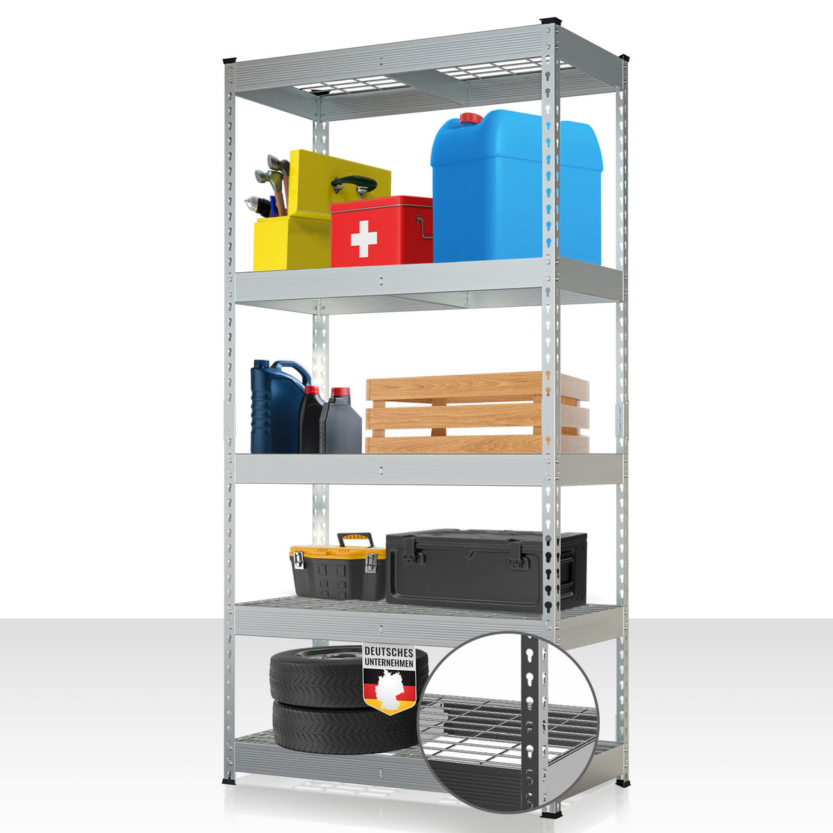 Schwerlastregal | Yukon Rivet | Stahlregal mit Gitterböden | 250–350 kg Tragkraft je Etage | Verschiedene Größen & Farben