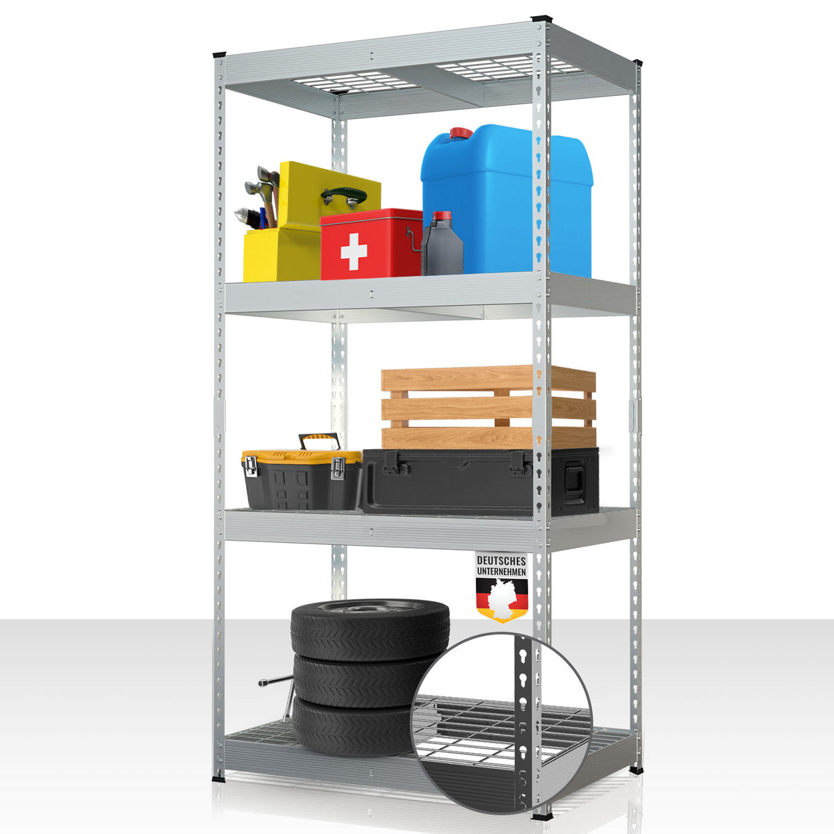 Schwerlastregal | Yukon Rivet | Stahlregal mit Gitterböden | 250–350 kg Tragkraft je Etage | Verschiedene Größen & Farben