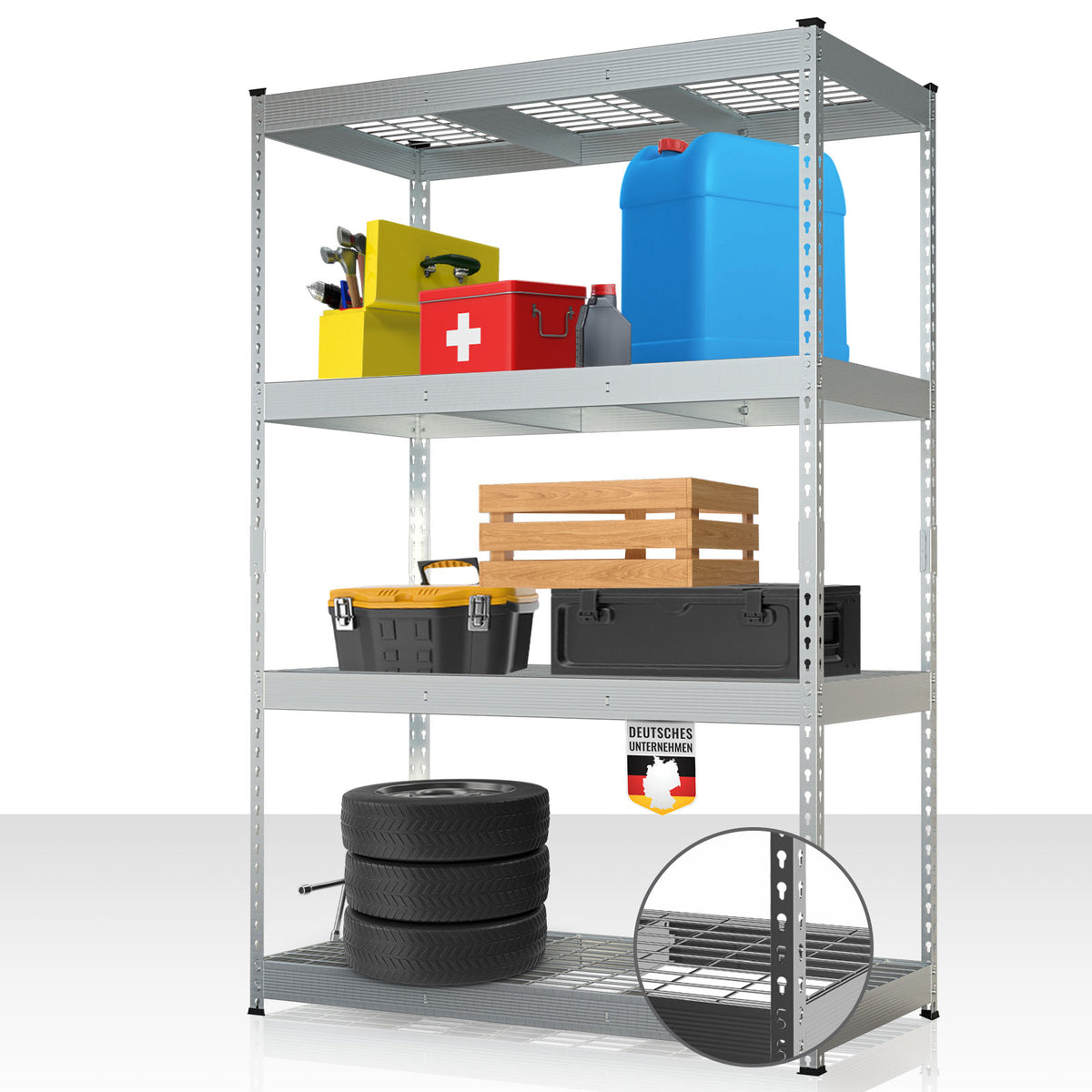 Schwerlastregal | Yukon Rivet | Stahlregal mit Gitterböden | 250–350 kg Tragkraft je Etage | Verschiedene Größen & Farben