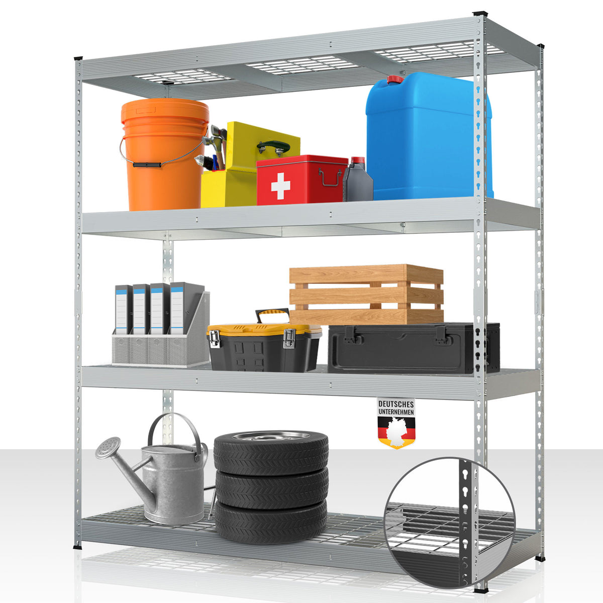 Schwerlastregal | Yukon Rivet | Stahlregal mit Gitterböden | 250–350 kg Tragkraft je Etage | Verschiedene Größen & Farben
