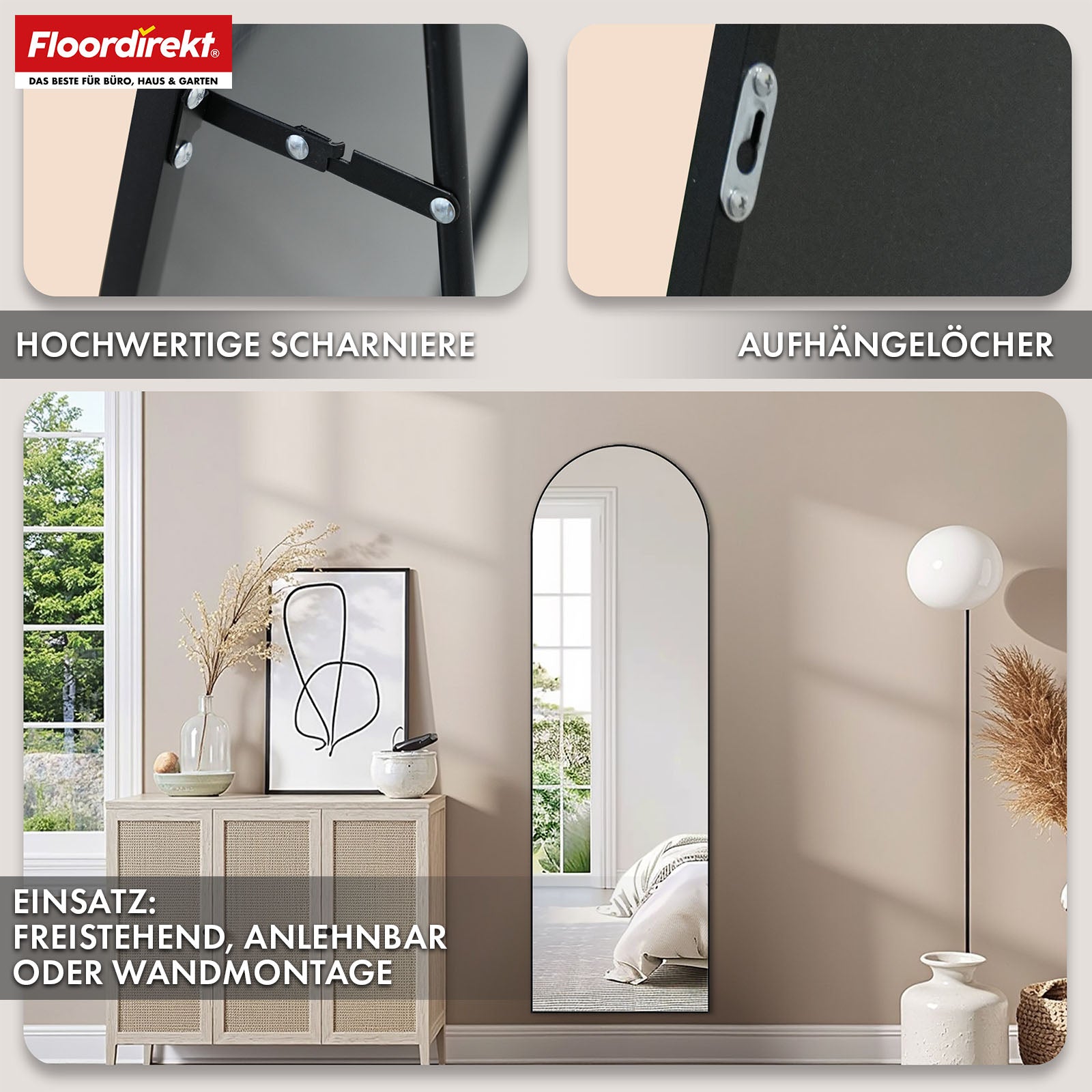 Ganzkörperspiegel | Madison | Schwarzer gewölbter Aluminiumrahmen | Freistehend & Wandmontage