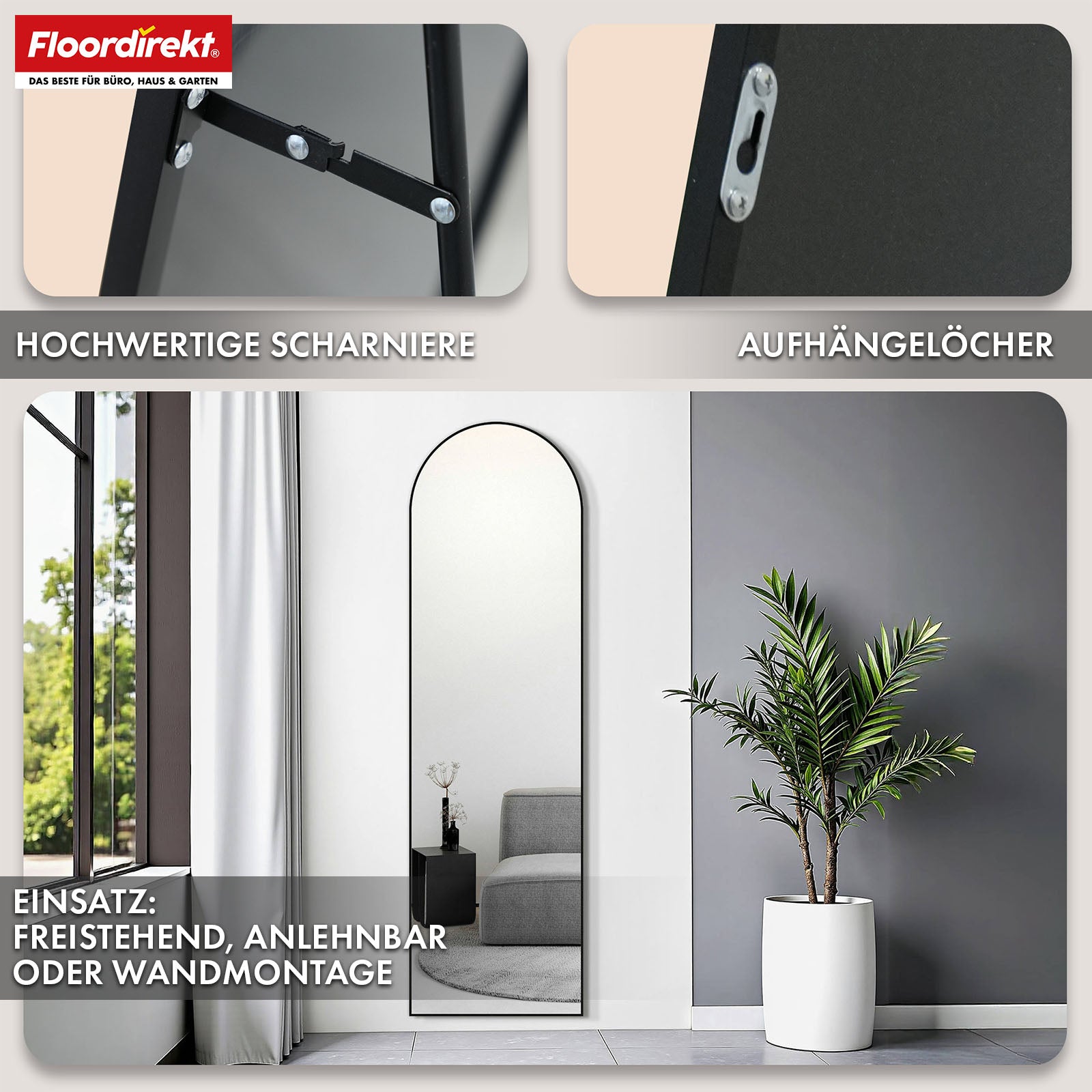 Ganzkörperspiegel | Madison | Schwarzer gewölbter Aluminiumrahmen | Freistehend & Wandmontage