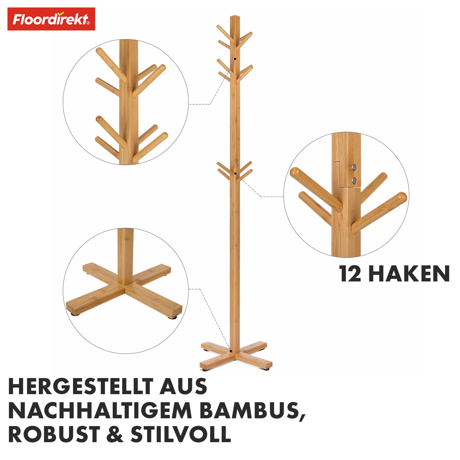 Bambus-Garderobenständer | Oregon | 12 Haken, Platzsparendes Design, Umweltfreundlich