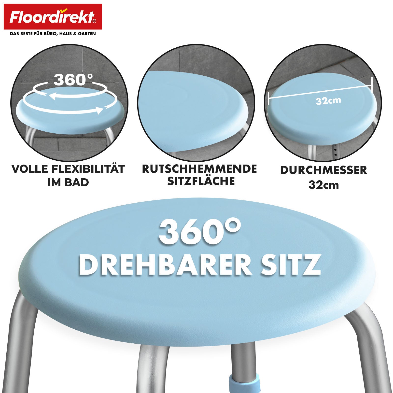 Duschhocker | Pedro | Höhenverstellbarer Drehhocker 360° drehbar bis 150 kg