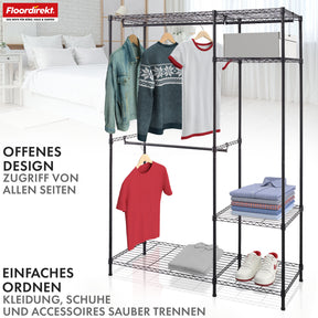 Kleiderschrank | Edward | Offener Kleiderständer aus pulverbeschichtetem Stahl mit Kleiderstangen & verstellbaren Ablagen