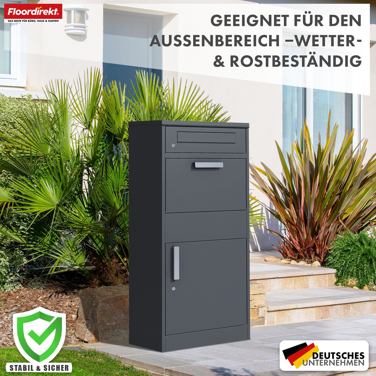 Paketbox mit Briefkasten | Francois | Wasserdichter Paketbriefkasten aus Stahl, abschließbar & freistehend in Anthrazit