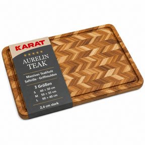 Schneidebrett | Aurelin Teak Herringbone | Massives Teakholz mit Saftrille & Griffmulden | 3 Größen