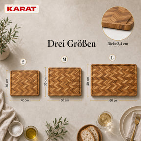 Schneidebrett | Aurelin Teak Herringbone | Massives Teakholz mit Saftrille & Griffmulden | 3 Größen