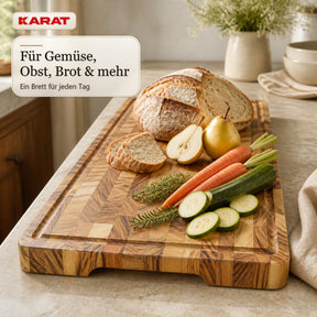 Schneidebrett | Aurelin Teak Herringbone | Massives Teakholz mit Saftrille & Griffmulden | 3 Größen