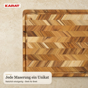 Schneidebrett | Aurelin Teak Herringbone | Massives Teakholz mit Saftrille & Griffmulden | 3 Größen