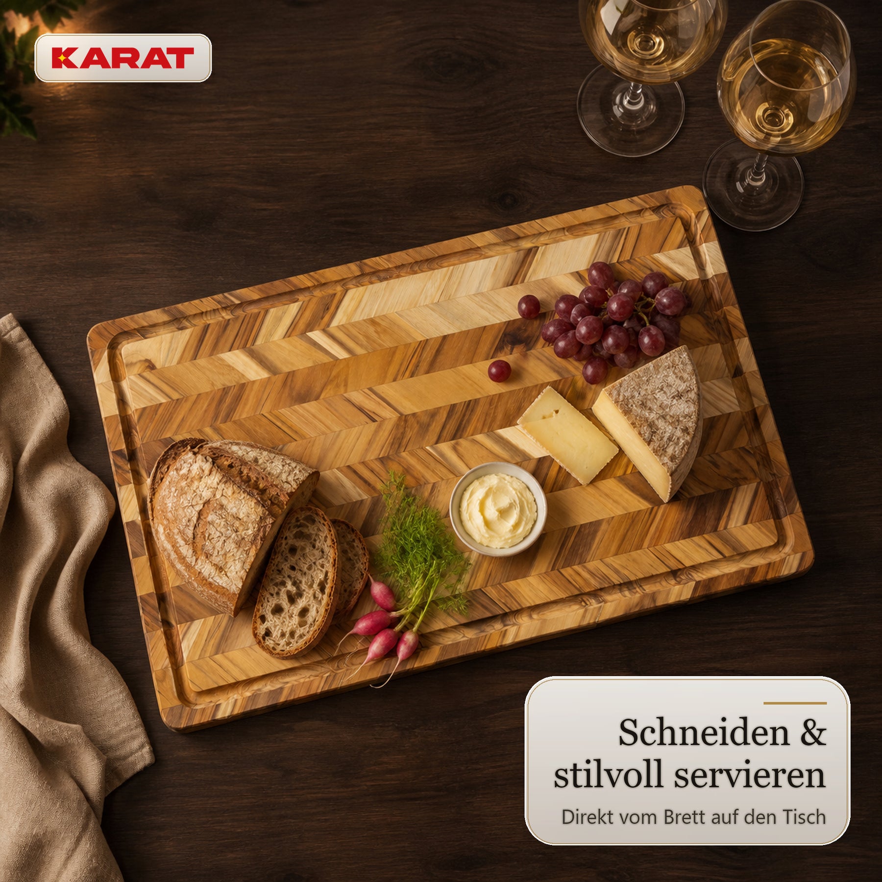 Schneidebrett | Aurelin Teak Herringbone | Massives Teakholz mit Saftrille & Griffmulden | 3 Größen