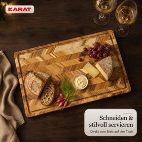 Schneidebrett | Aurelin Teak Herringbone | Massives Teakholz mit Saftrille & Griffmulden | 3 Größen