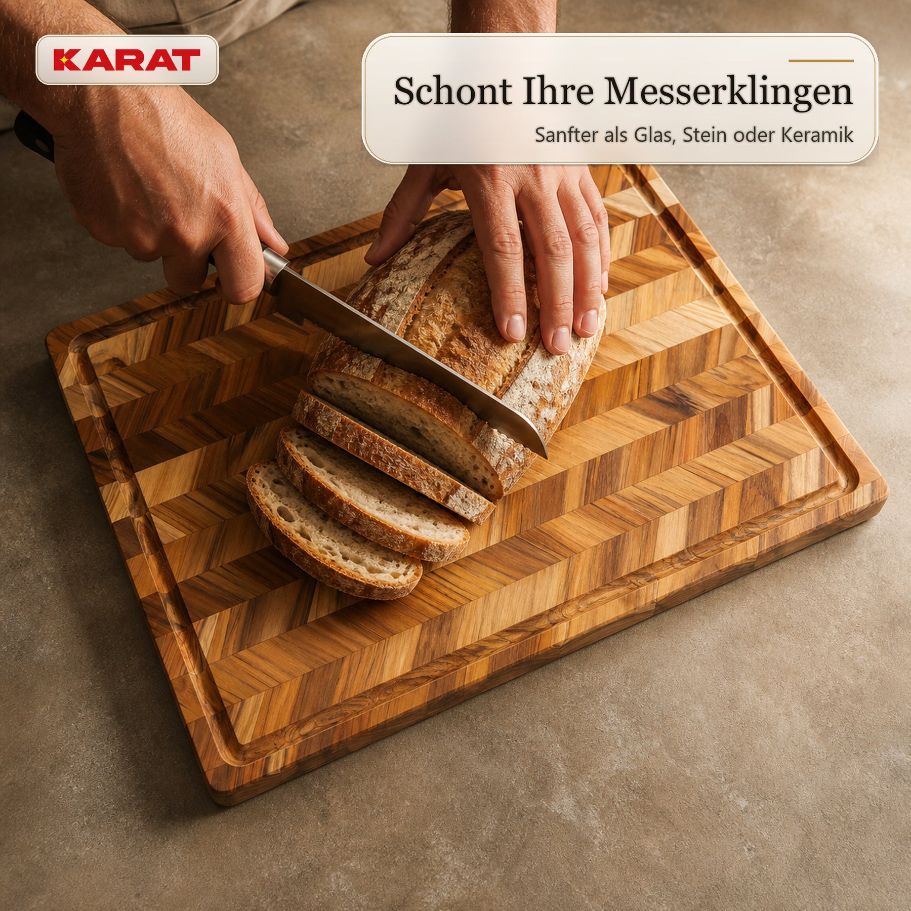 Schneidebrett | Aurelin Teak Herringbone | Massives Teakholz mit Saftrille & Griffmulden | 3 Größen