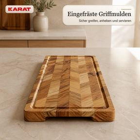 Schneidebrett | Aurelin Teak Herringbone | Massives Teakholz mit Saftrille & Griffmulden | 3 Größen