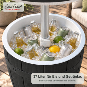 Getränkekühler Tisch | Bora | Höhenverstellbarer Gartentisch mit 37 L Kühlfach in Fass-Optik | 2 Farben