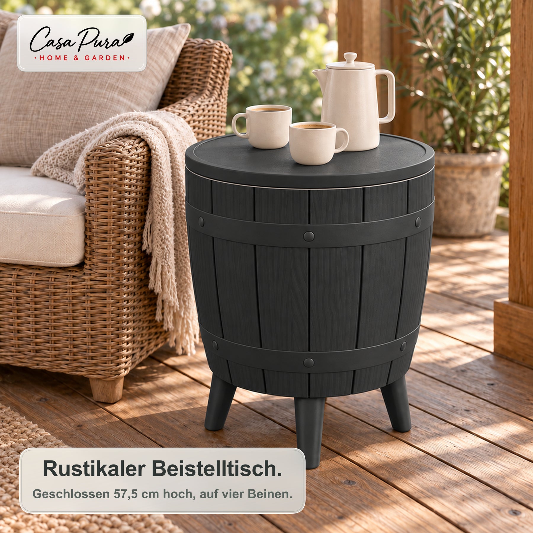 Getränkekühler Tisch | Bora | Höhenverstellbarer Gartentisch mit 37 L Kühlfach in Fass-Optik | 2 Farben