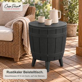 Getränkekühler Tisch | Bora | Höhenverstellbarer Gartentisch mit 37 L Kühlfach in Fass-Optik | 2 Farben