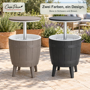 Getränkekühler Tisch | Bora | Höhenverstellbarer Gartentisch mit 37 L Kühlfach in Fass-Optik | 2 Farben