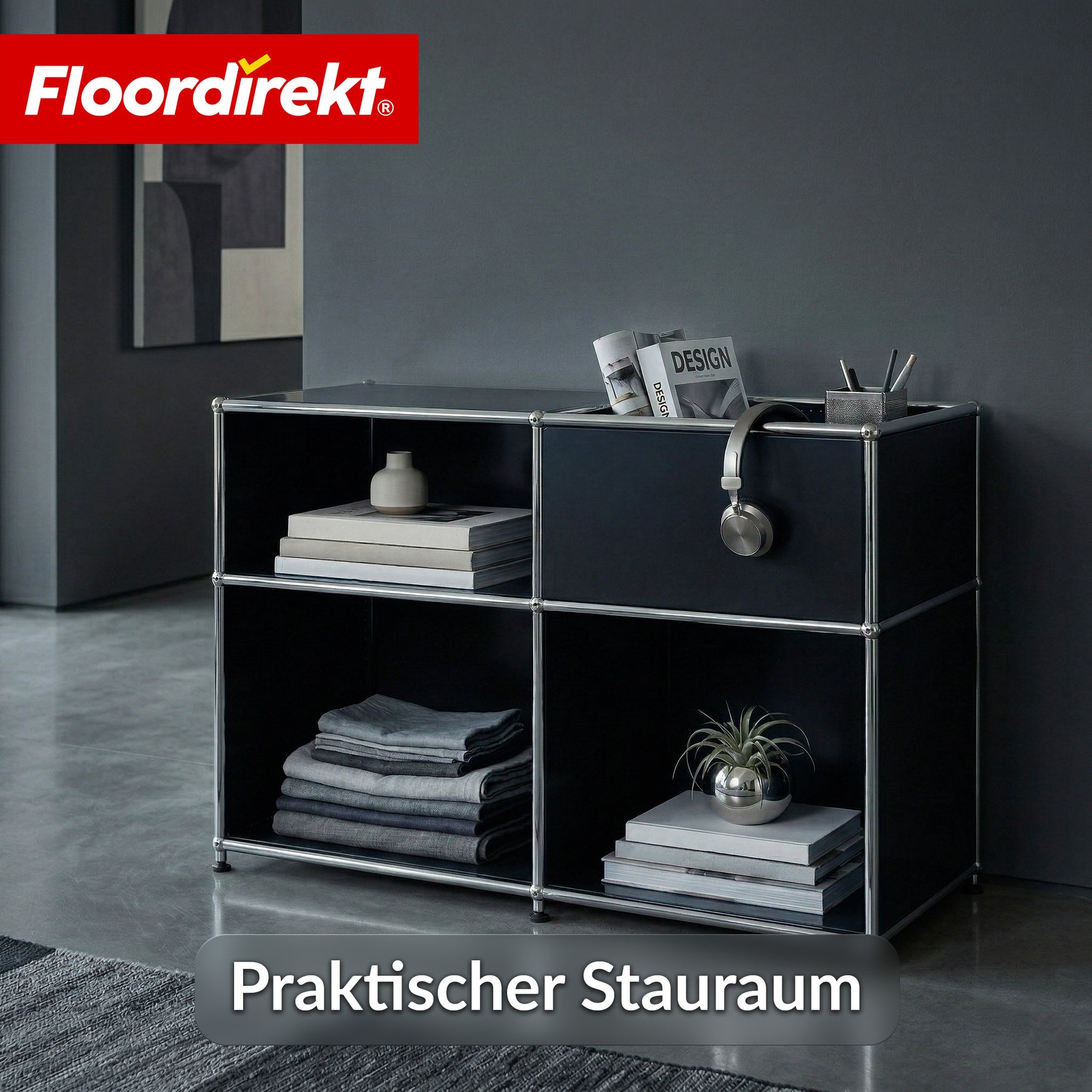 Metallregal | Concept Epure MK-030 | Standregal mit 3 Ablagen & Stauraumfach | Sideboard & Aufbewahrungsregal