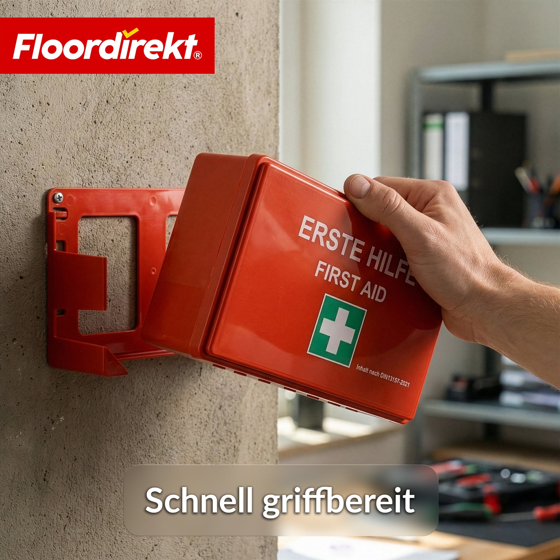 Erste-Hilfe-Koffer | DIN 13157:2021 | Verbandskasten mit Wandhalterung & ISO-Aufklebern