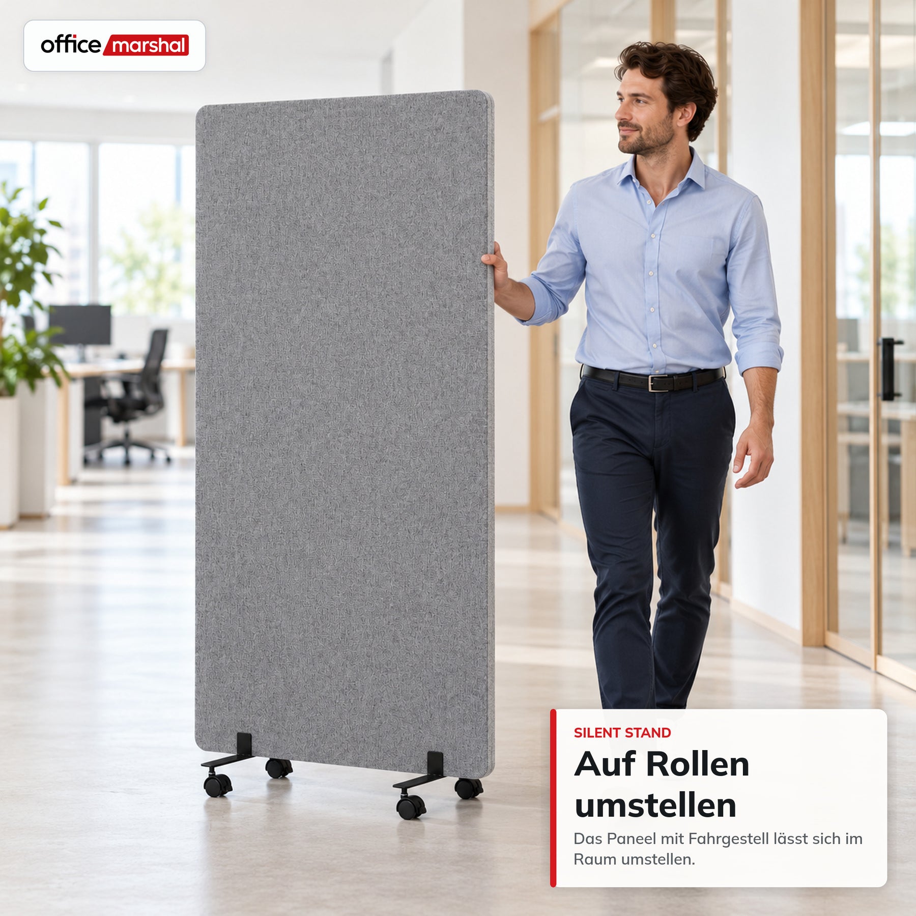 Akustik-Stellwand auf Rollen | Silent Stand | Mobiler Raumteiler aus Polyester mit Sichtschutz | 3 Größen