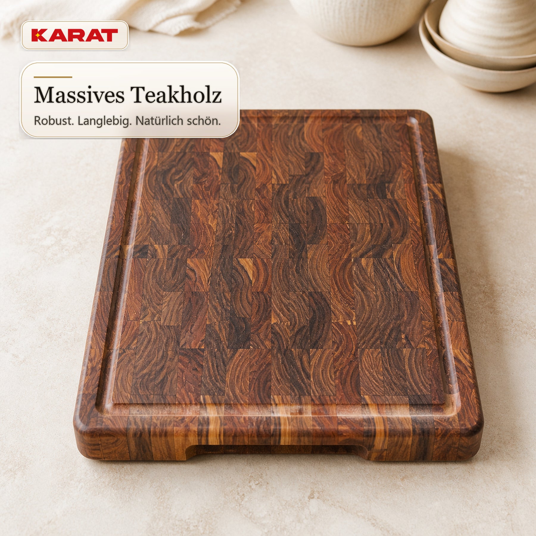 Schneidebrett | Teak Royal Endgrain | Massives Teakholz mit Saftrille & Griffmulden | 3 Größen