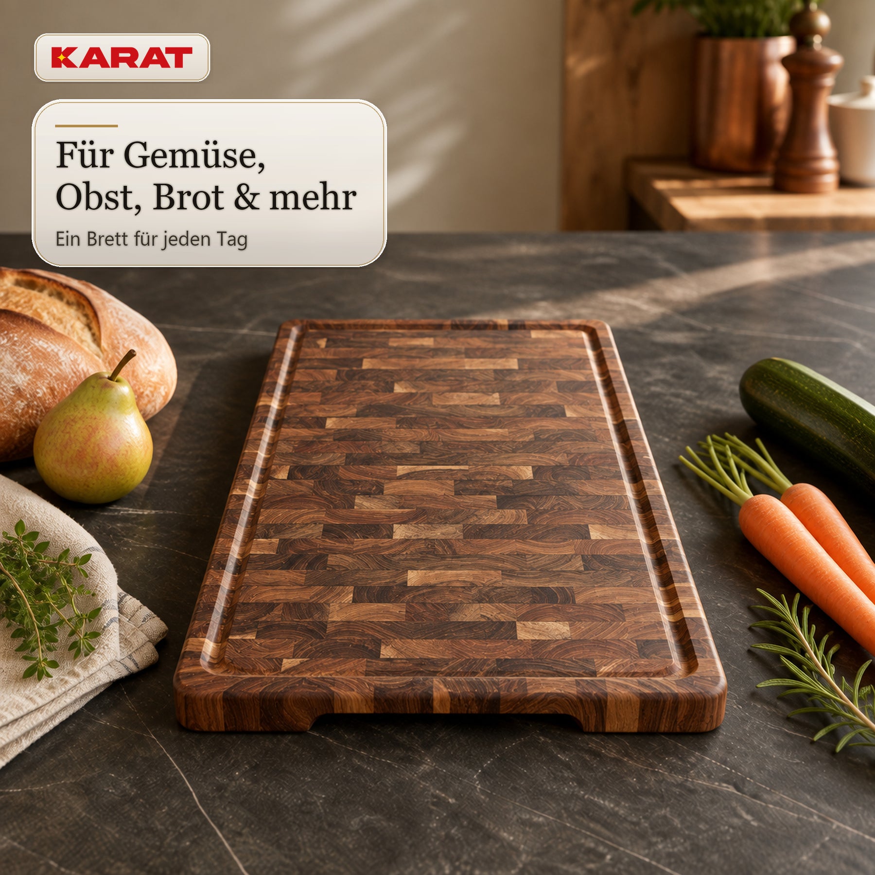 Schneidebrett | Teak Royal Endgrain | Massives Teakholz mit Saftrille & Griffmulden | 3 Größen
