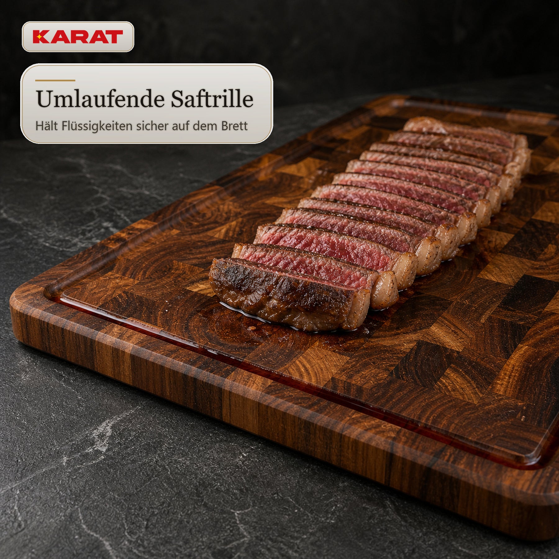 Schneidebrett | Teak Royal Endgrain | Massives Teakholz mit Saftrille & Griffmulden | 3 Größen