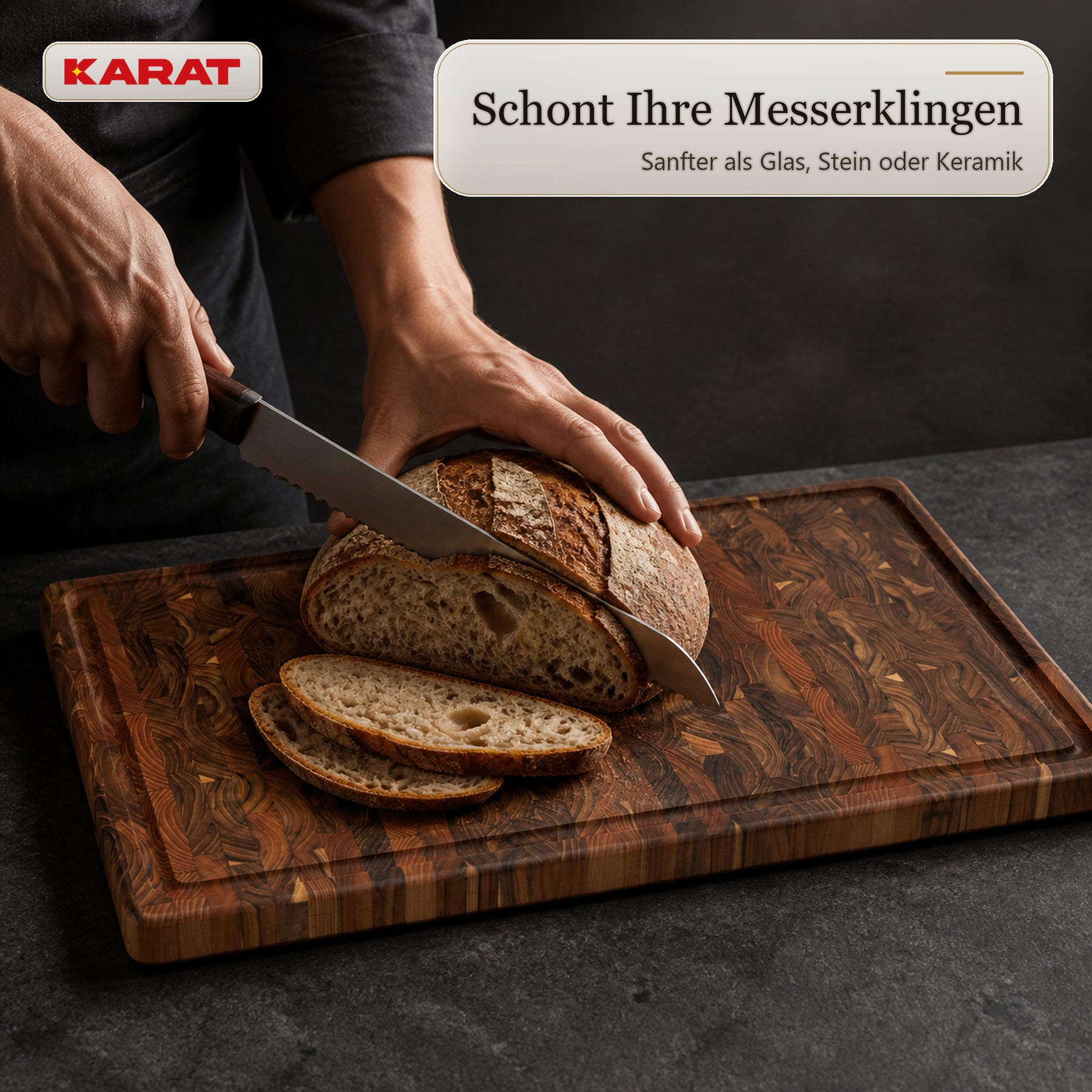 Schneidebrett | Teak Royal Endgrain | Massives Teakholz mit Saftrille & Griffmulden | 3 Größen